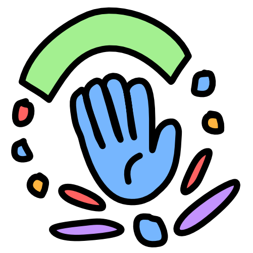 A blue hand palm out with black line art sits below a green arch. Trailing from the ends of the arch are small circles, 3 on the left, red, blue, yellow, 2 on the right, blue, yellow. Below the hand and between the dots is another circle, blue, and two pairs of ovals. The bottom pair are almost perpendicular to the blue circle, and are purple. The second pair is above the bottom pair and align in an acute angle. These ovals are red. This arrangement of shapes makes a circle around the hand. The image has black line art.